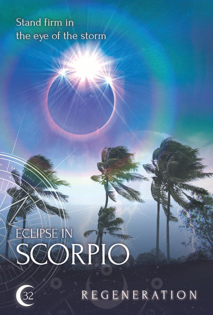 Book cover with palm trees, eclipse, and text 'Eclipse in Scorpio' on a colorful background