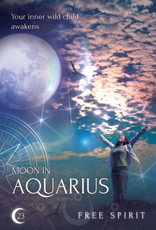 Woman with arms outstretched under a moonlit sky with astrological symbols and text about 'Moon in Aquarius'.