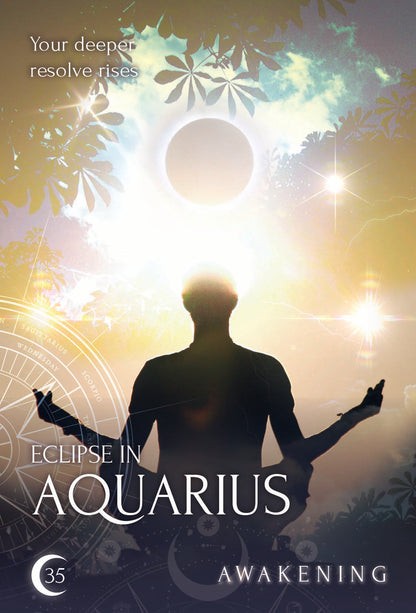 Silhouette of a person meditating with celestial elements and text about an eclipse in Aquarius.