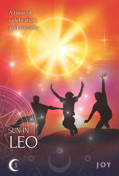 Silhouettes of people celebrating against a bright sun with astrological symbols and text.