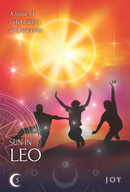 Silhouettes of people celebrating against a bright sun with astrological symbols and text.