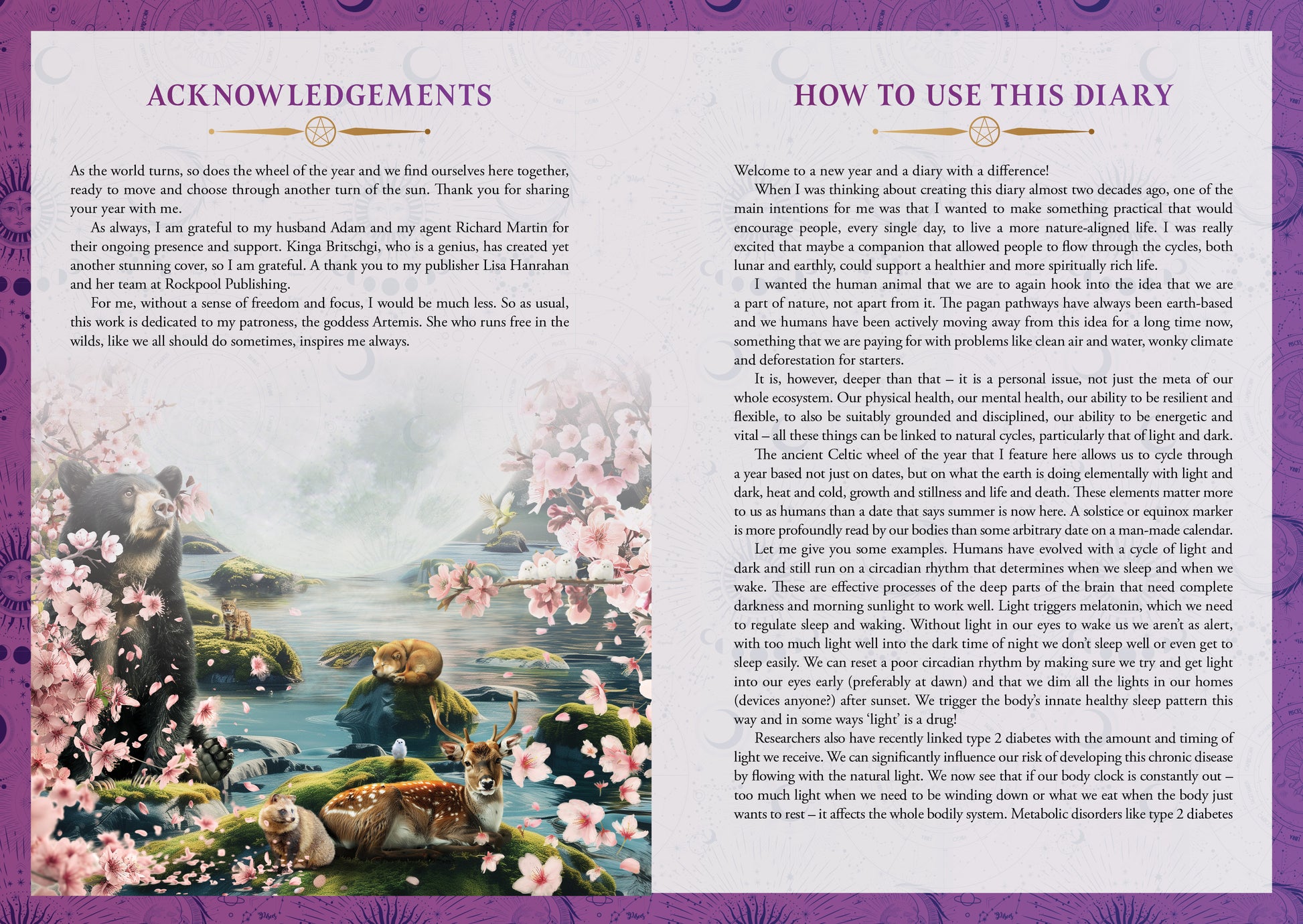 Page from a diary with nature-themed illustration and text on acknowledgements and usage instructions.