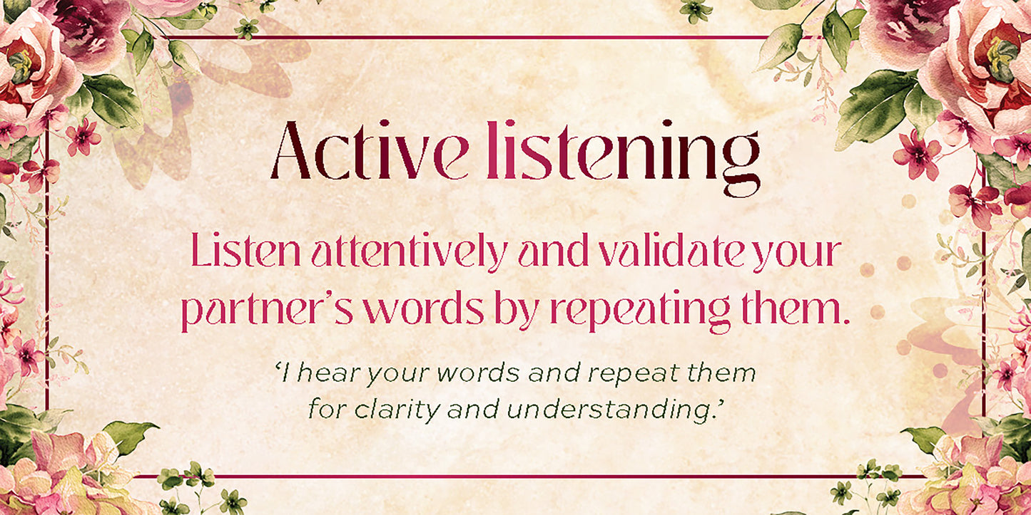 Decorative card with floral elements and text about active listening.