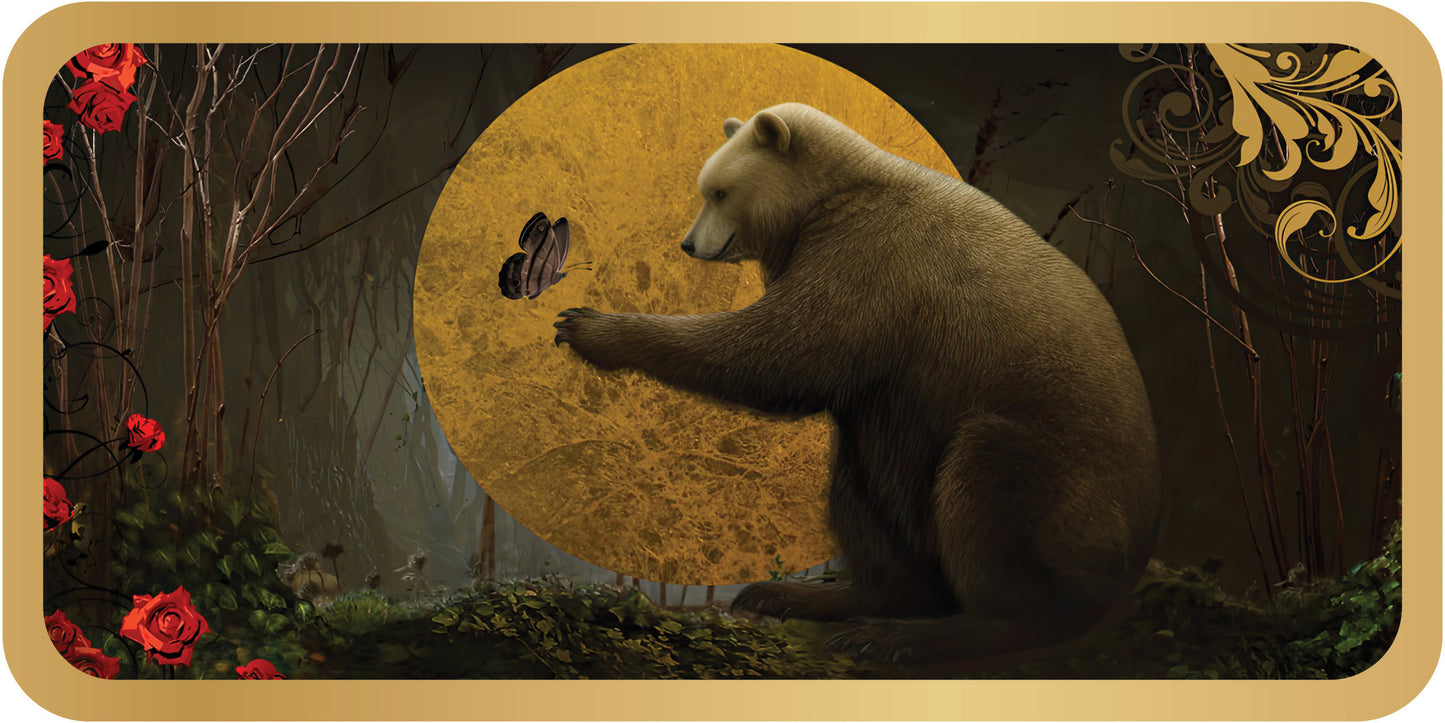 Bear interacting with a butterfly against a golden moonlit sky with red flowers.