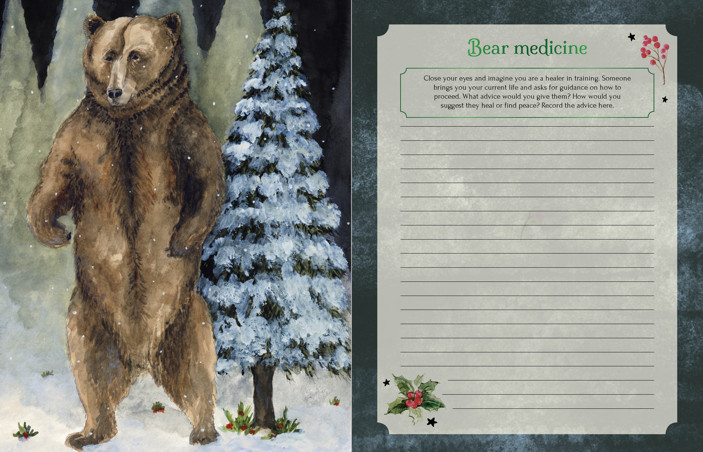 Illustration of a bear in a snowy landscape with a letter on the right side.