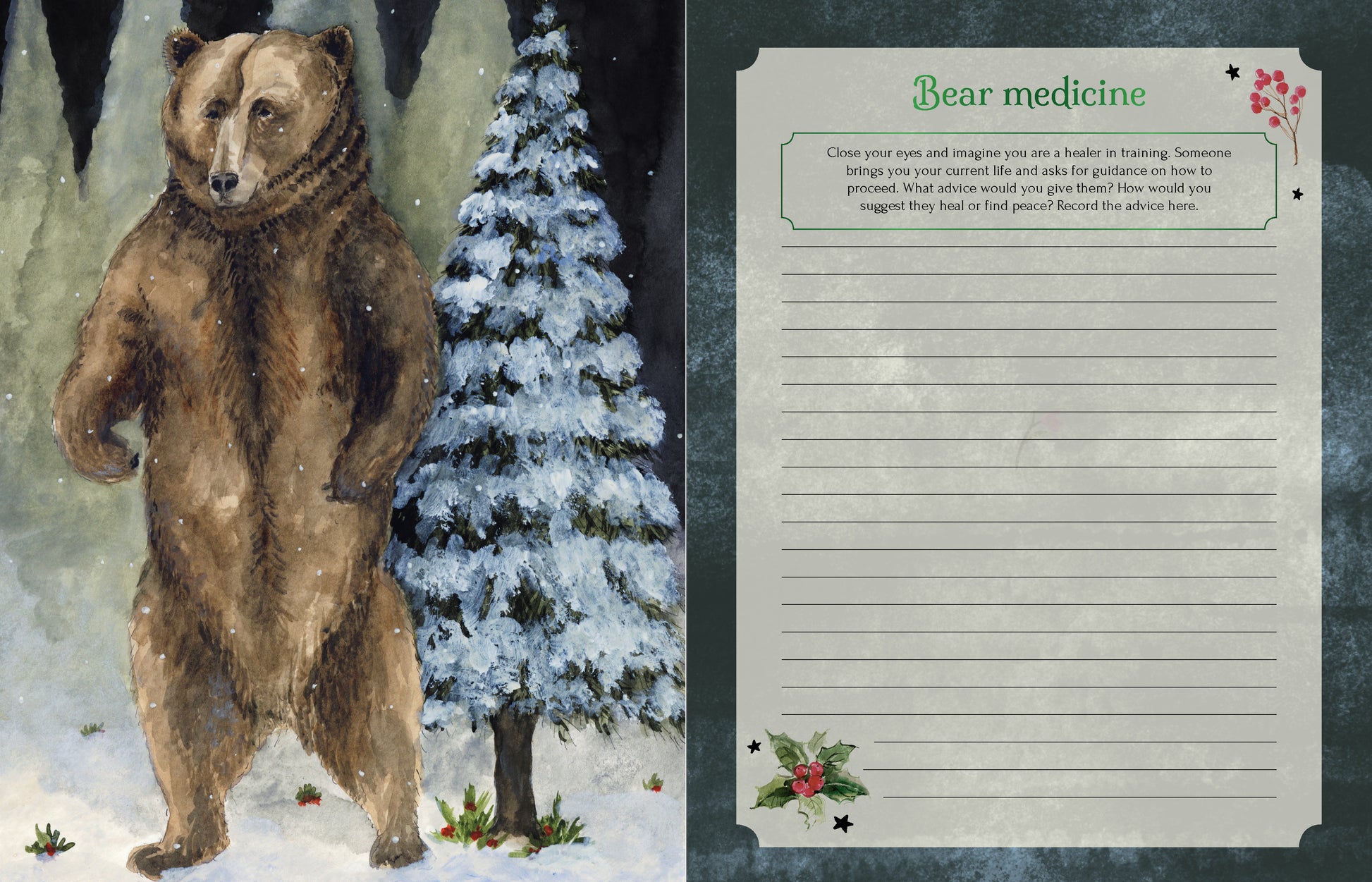 Illustration of a bear in a snowy landscape with a letter on the right side.
