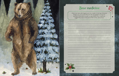 Illustration of a bear in a snowy landscape with a letter on the right side.