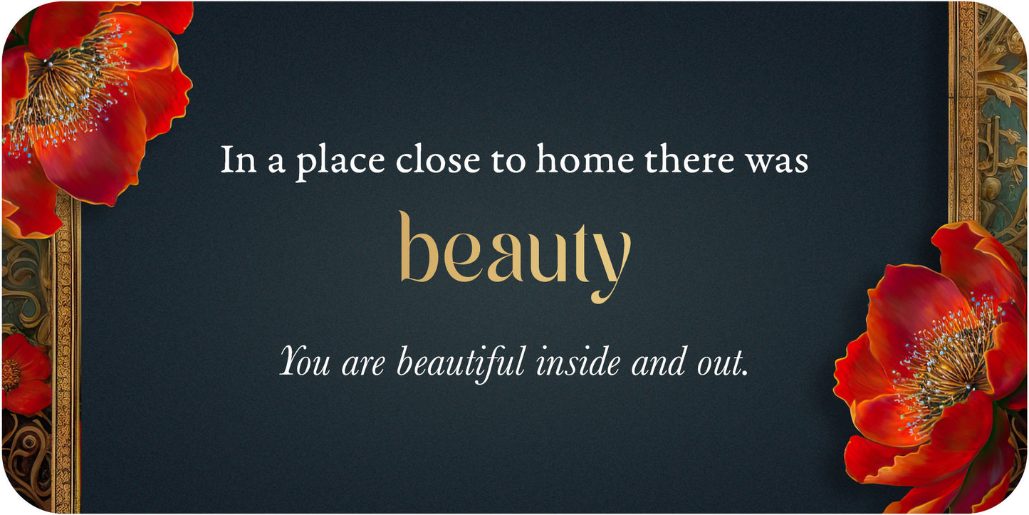 Motivational card with red flowers and text on a dark background
