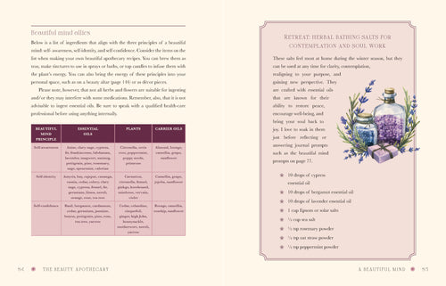 Open book showing pages with text and illustrations of herbs and bottles on a light pink background.