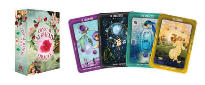 Set of tarot cards with colorful designs and a box labeled 'Crystal Alchemy Oracle'.