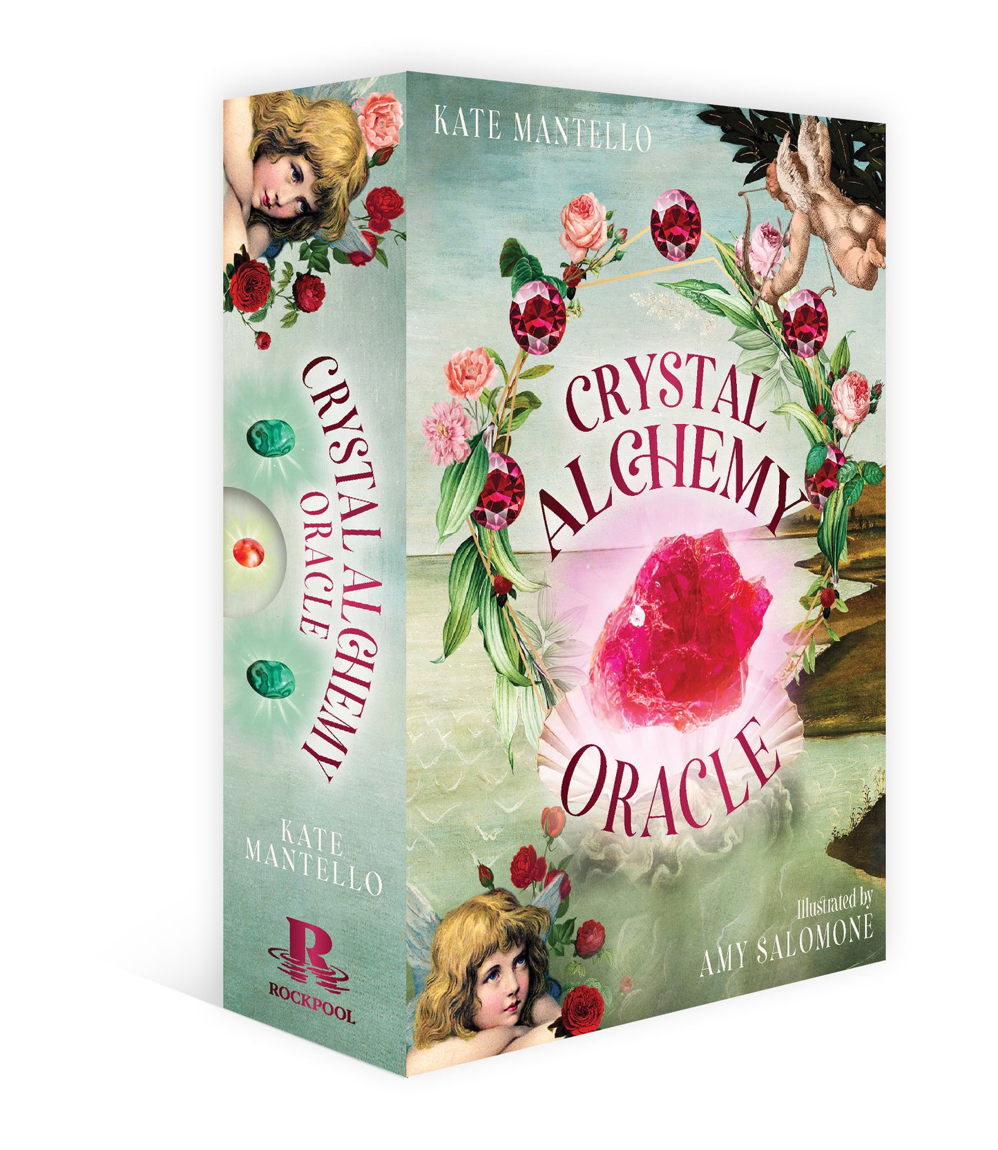 box labeled 'Crystal Alchemy Oracle'.with floral design and illustrations on a white background