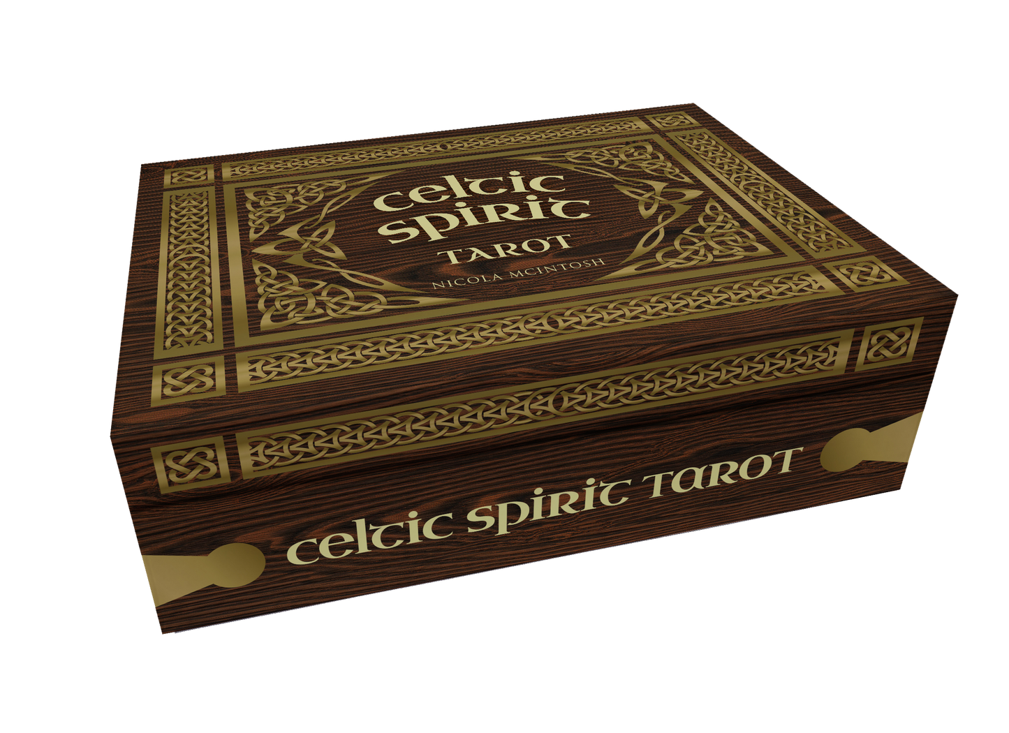 Wooden box with 'Celtic Spirit Tarot' text on a white background