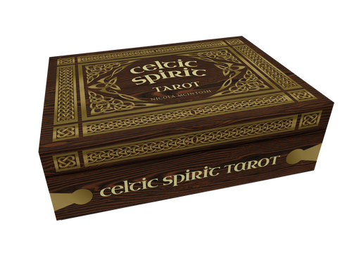 Wooden box with 'Celtic Spirit Tarot' text on a white background