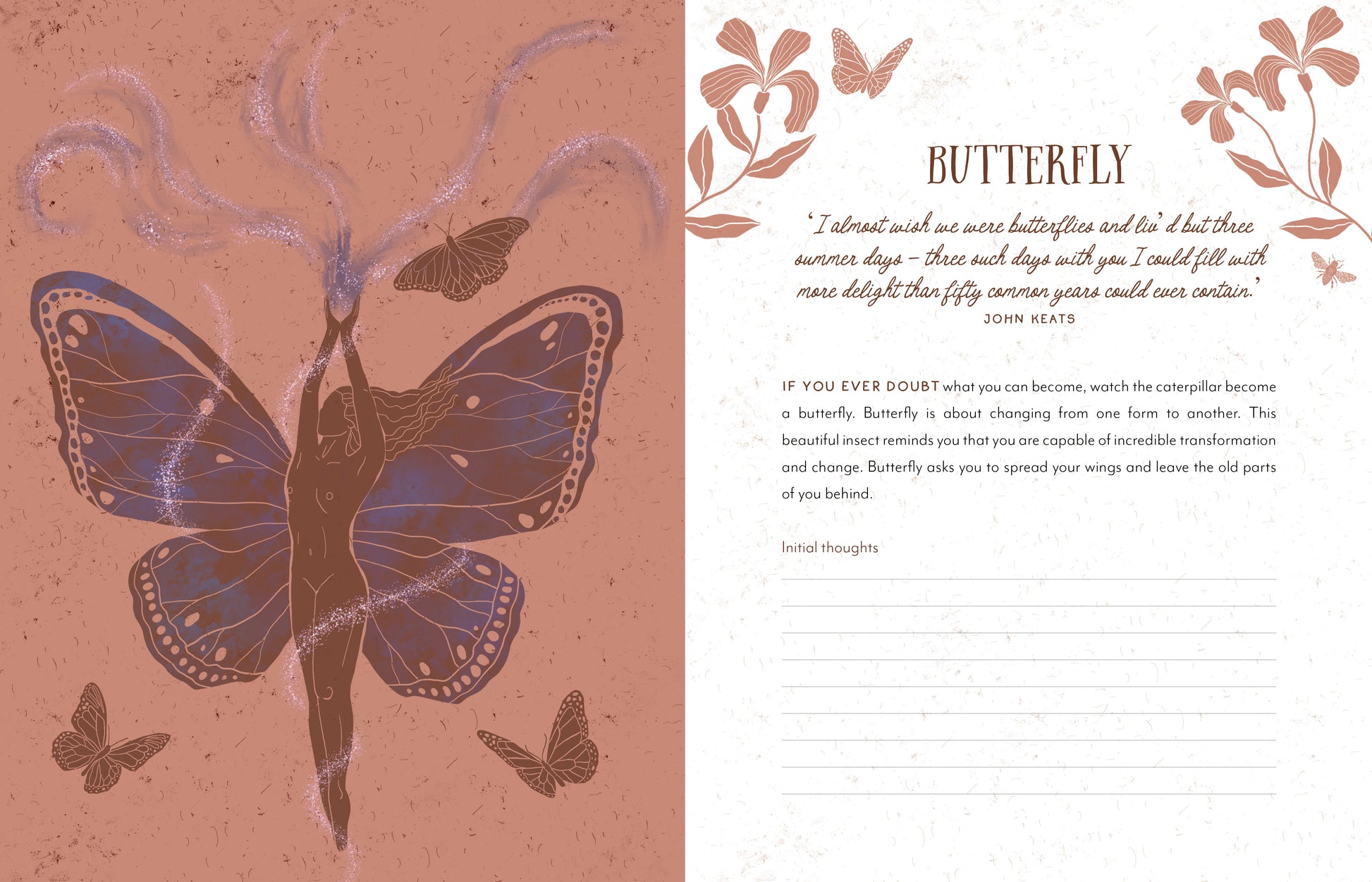 Butterfly illustration on a book page with text and floral design.