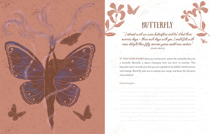 Butterfly illustration on a book page with text and floral design.