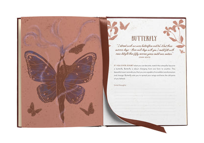 Open book with butterfly illustration and text on a white background