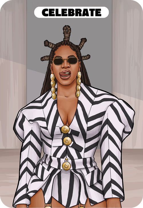 Woman wearing a black and white striped outfit with gold buttons, sitting on a gray background.