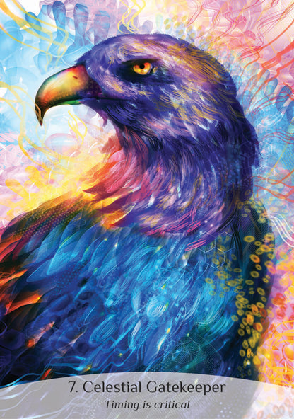 Colorful painting of an eagle with a multicolored abstract background