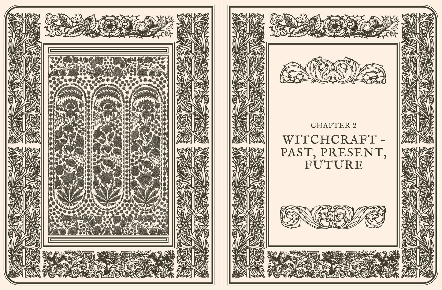 Decorative book cover design with intricate patterns and text on a white background for chapter two Witchcraft - Past, Present, Future. 