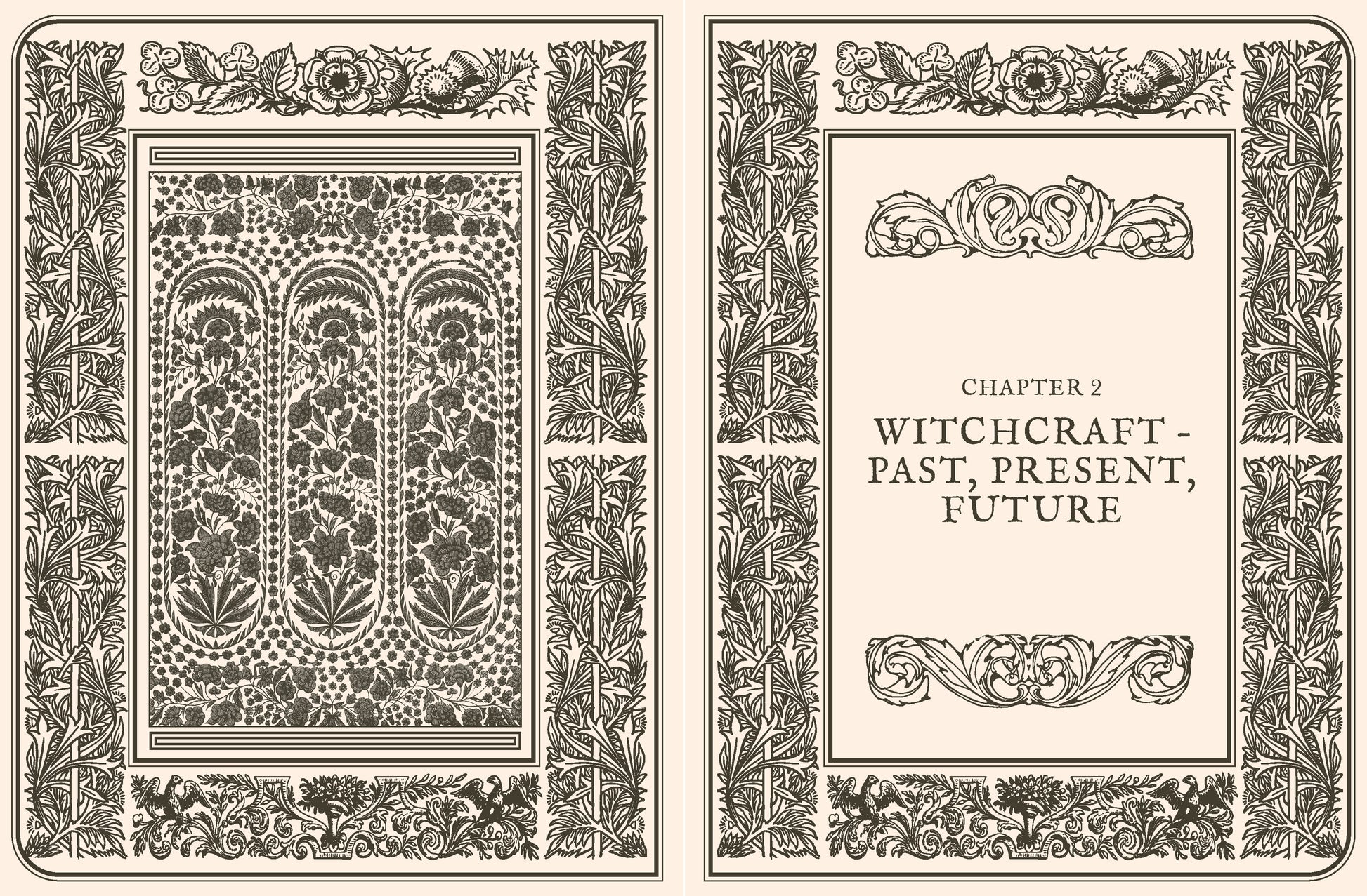 Decorative book cover design with intricate patterns and text on a white background for chapter two Witchcraft - Past, Present, Future. 