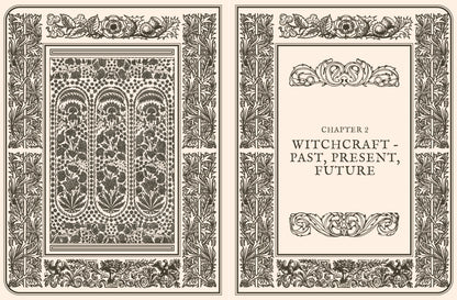Decorative book cover design with intricate patterns and text on a white background for chapter two Witchcraft - Past, Present, Future. 