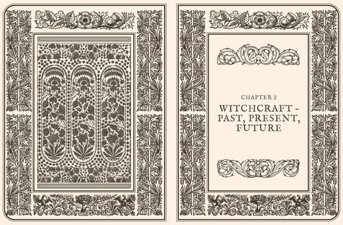 Decorative book cover design with intricate patterns and text on a white background for chapter two Witchcraft - Past, Present, Future. 