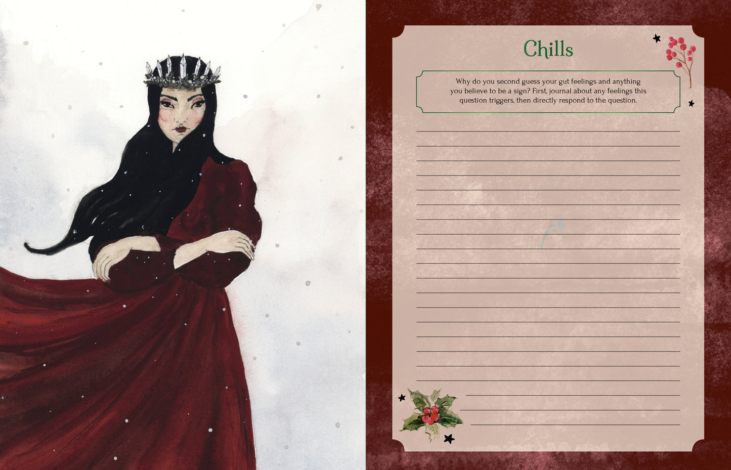Illustration of a character in a red dress with a sheet of paper titled 'Chills' on a decorative background.