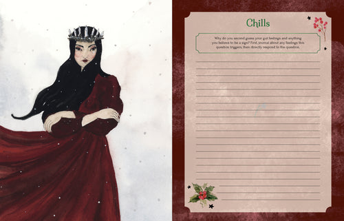 Illustration of a character in a red dress with a sheet of paper titled 'Chills' on a decorative background.