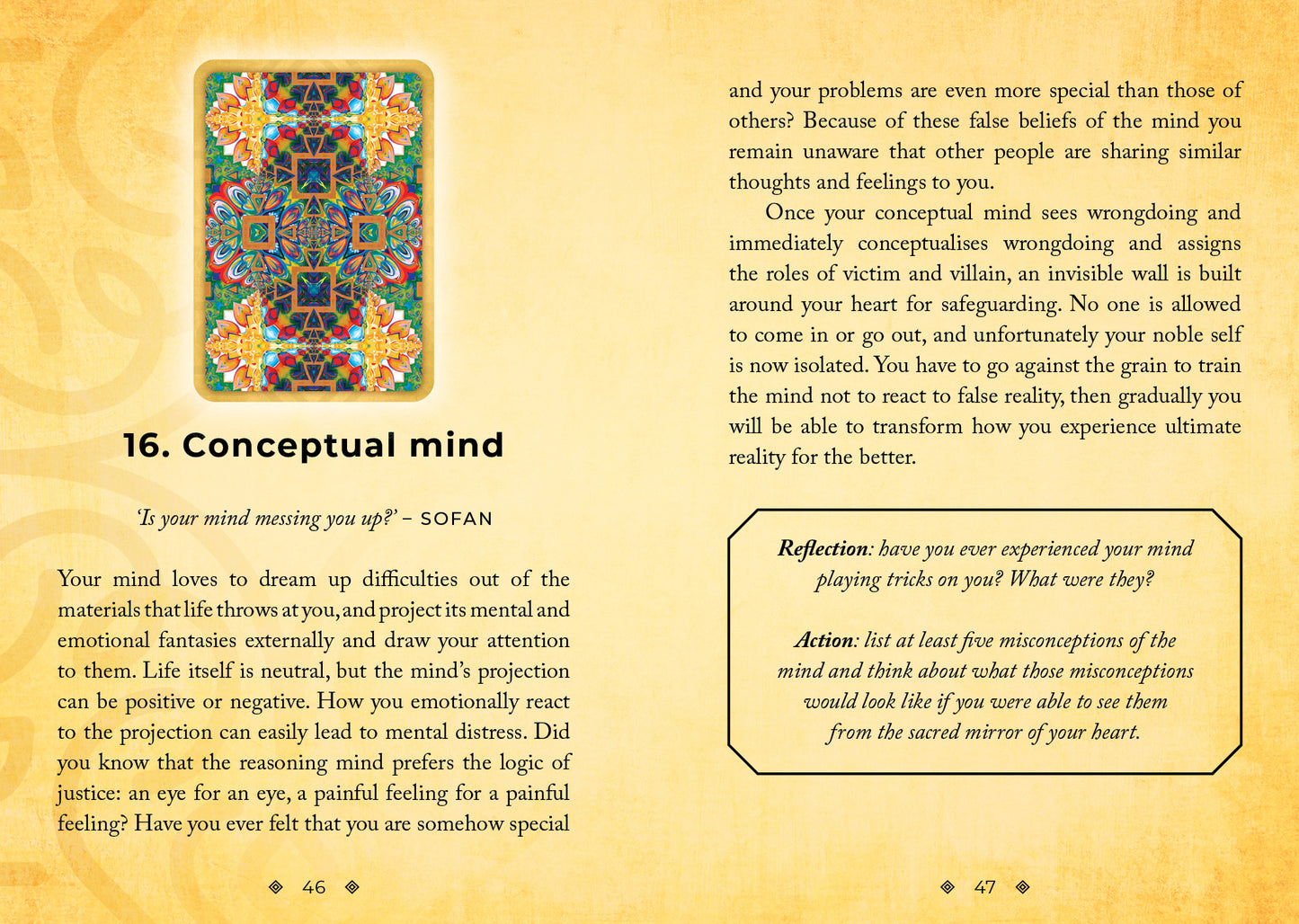 Page from a book with a colorful mandala, text, and a yellow background