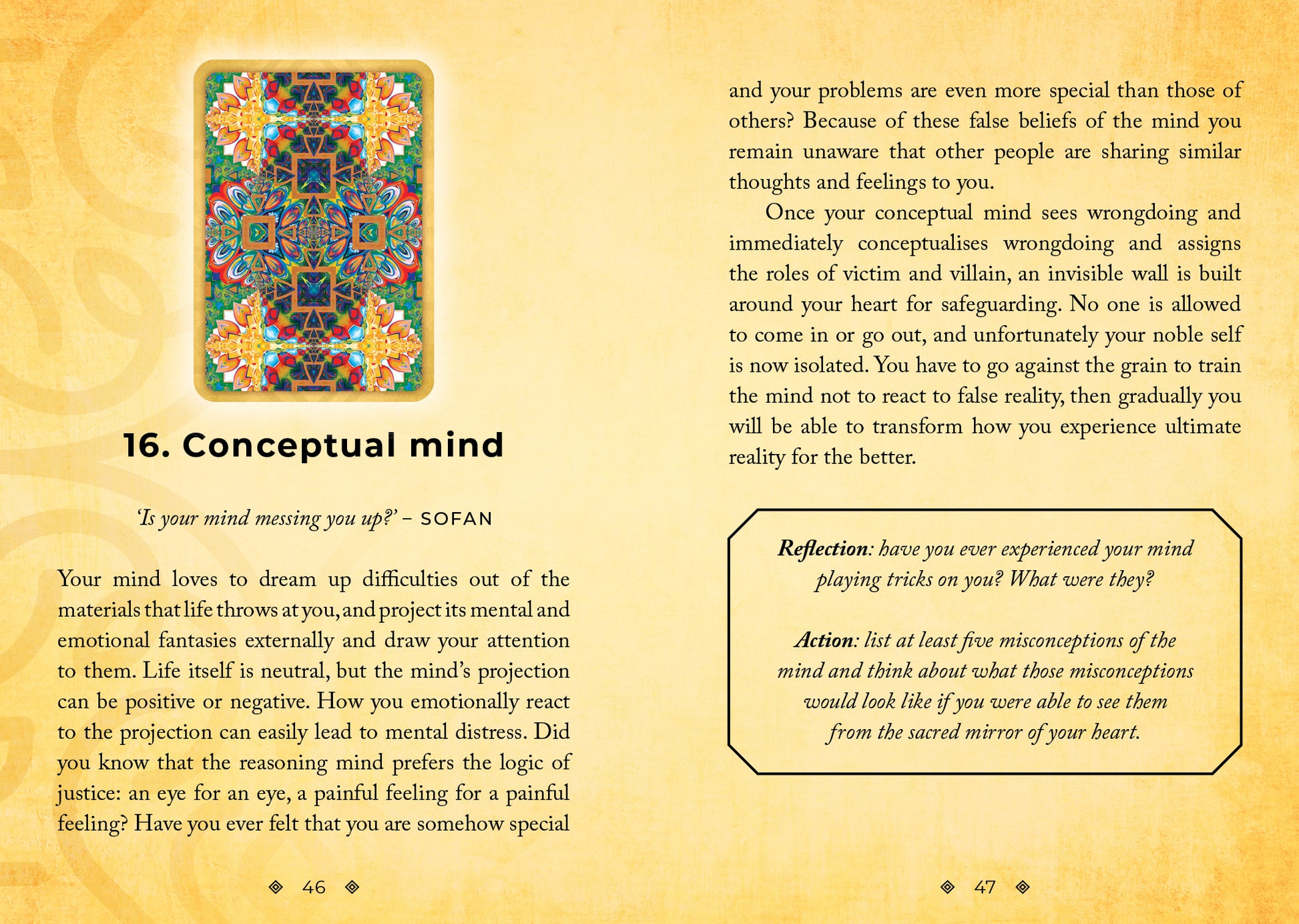 Page from a book with a colorful mandala, text, and a yellow background