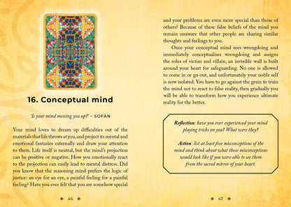 Page from a book with a colorful mandala, text, and a yellow background