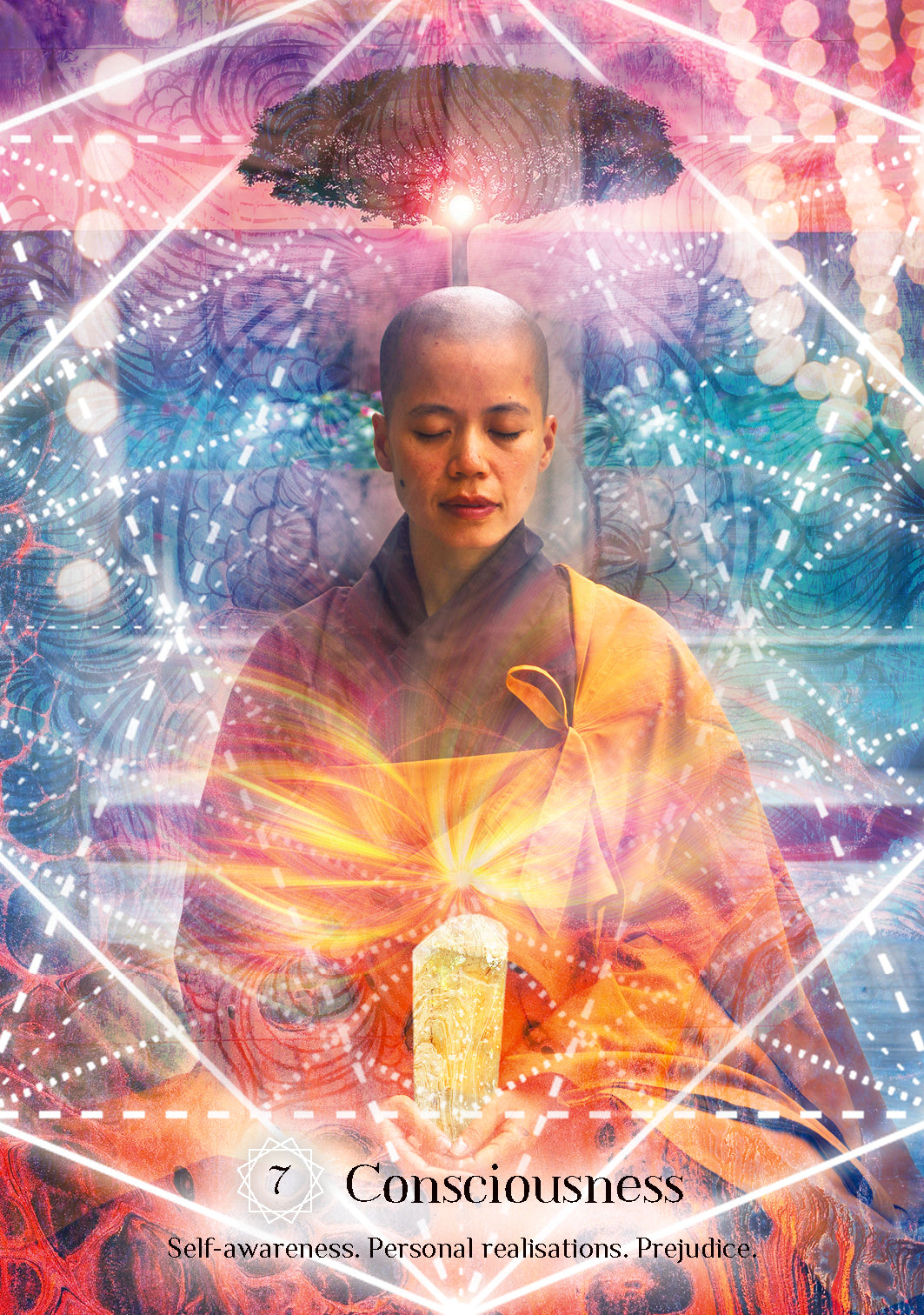 Person in a colorful, abstract setting with text 'Consciousness' at the bottom.