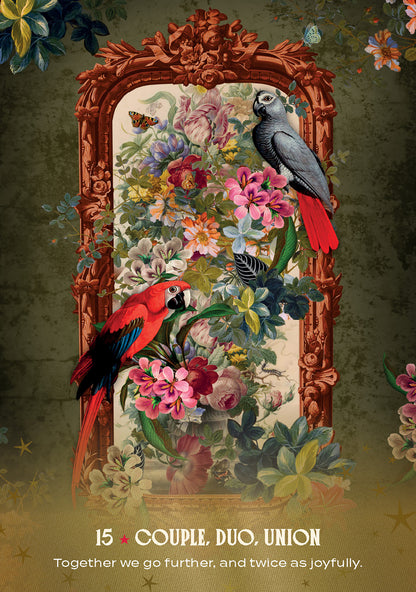 Decorative frame with parrots and flowers on a textured background