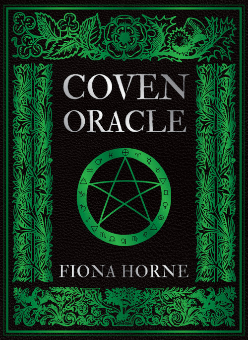 Book cover of 'Coven Oracle' by Fiona Horne with green pentacle symbol on a black background