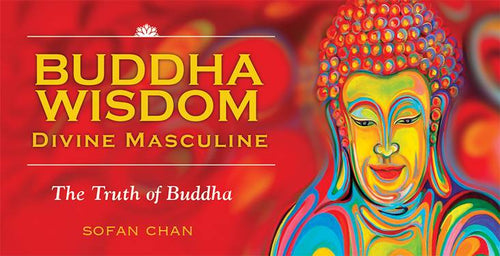 Colorful depiction of Buddha with 'Buddha Wisdom Divine Masculine' text on a red background