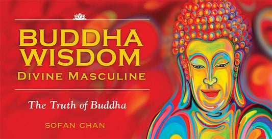 Colorful depiction of Buddha with 'Buddha Wisdom Divine Masculine' text on a red background