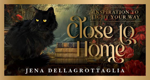  cover of 'Close to Home' by Jena Dellagrottaglia featuring a black cat and books.