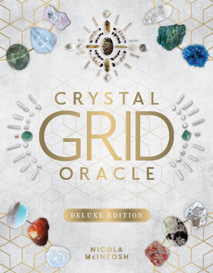  cover of 'Crystal Grid Oracle' by Nicola Mcintosh with crystals and geometric design on a light background