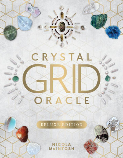  cover of 'Crystal Grid Oracle' by Nicola Mcintosh with crystals and geometric design on a light background