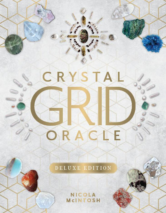 cover of 'Crystal Grid Oracle' by Nicola Mcintosh with crystals and geometric design on a light background