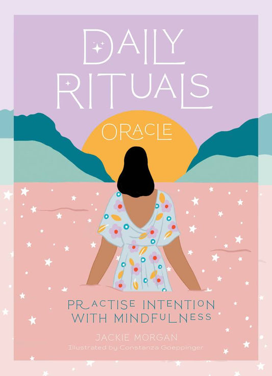 cover of 'Daily Rituals Oracle' by Jackie Morgan with a person sitting under a sun and mountains.