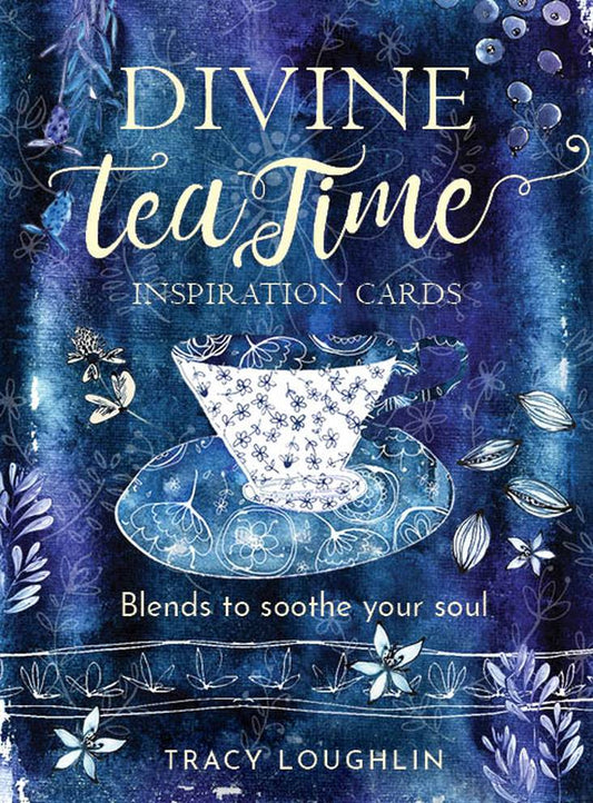 cover of 'Divine Tea Time Inspiration Cards' by Tracy Loughlin with a teacup design on a blue background.