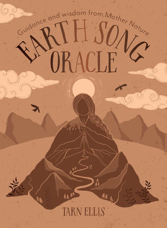 cover of 'Earth Song Oracle' by Tarn Ellis with a silhouette of a person in nature, mountains, and clouds.