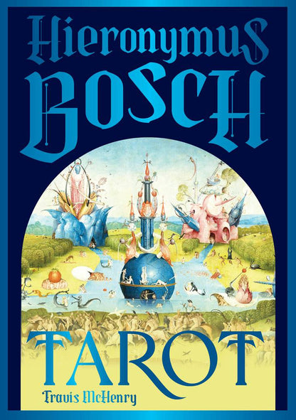 Book cover of 'Hieronymus Bosch Tarot' with a tarot card design on a blue background