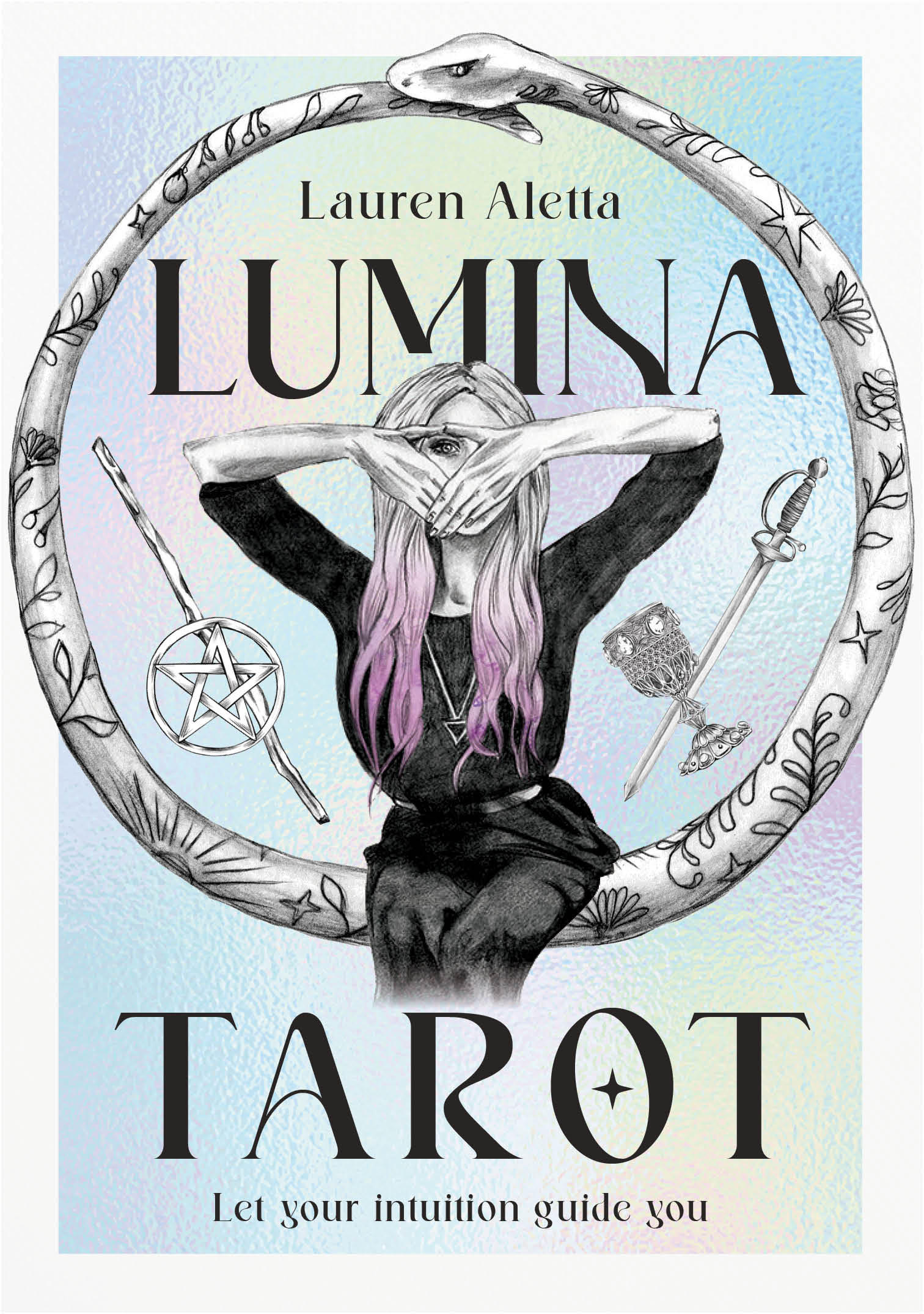 Book cover of 'Lumina Tarot' by Lauren Aletta with a person and tarot card symbols.