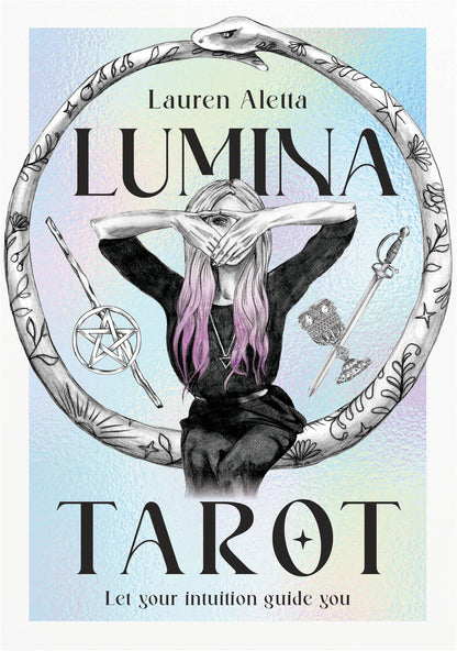 Book cover of 'Lumina Tarot' by Lauren Aletta with a person and tarot card symbols.