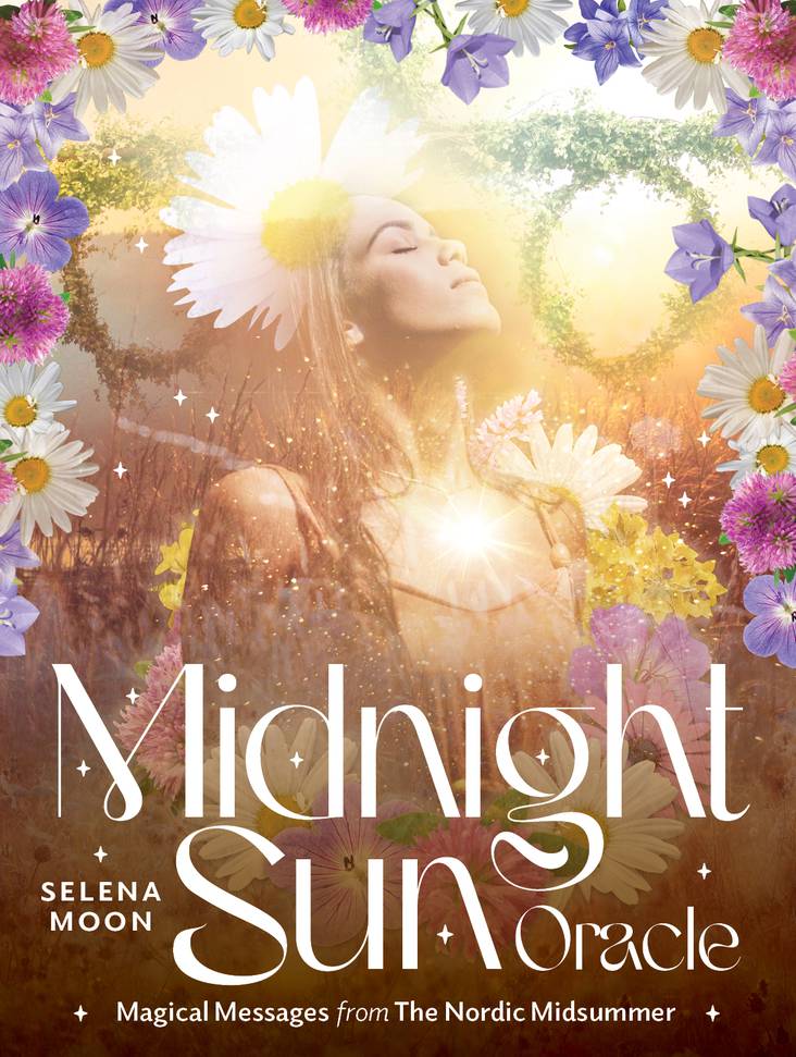 cover of 'Midnight Sun Oracle' by Selena Moon with a woman surrounded by flowers and the title text.