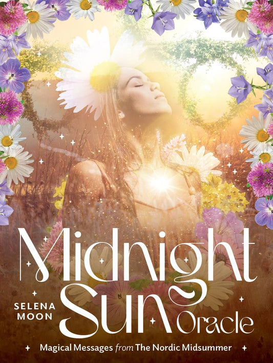 cover of 'Midnight Sun Oracle' by Selena Moon with a woman surrounded by flowers and the title text.
