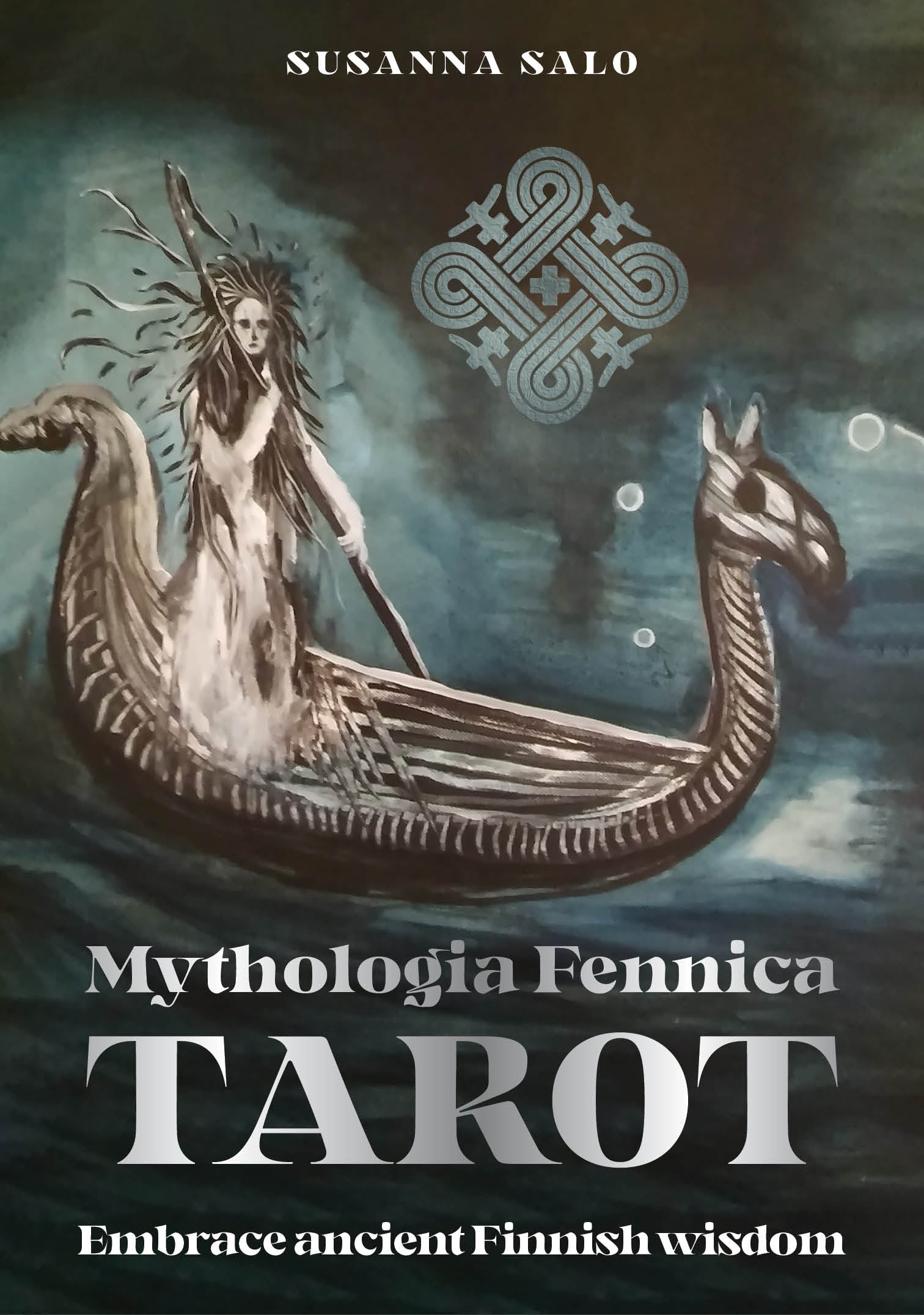 Book cover of 'Mythologia Fennica Tarot' featuring a woman in a boat with a dragon-like creature.