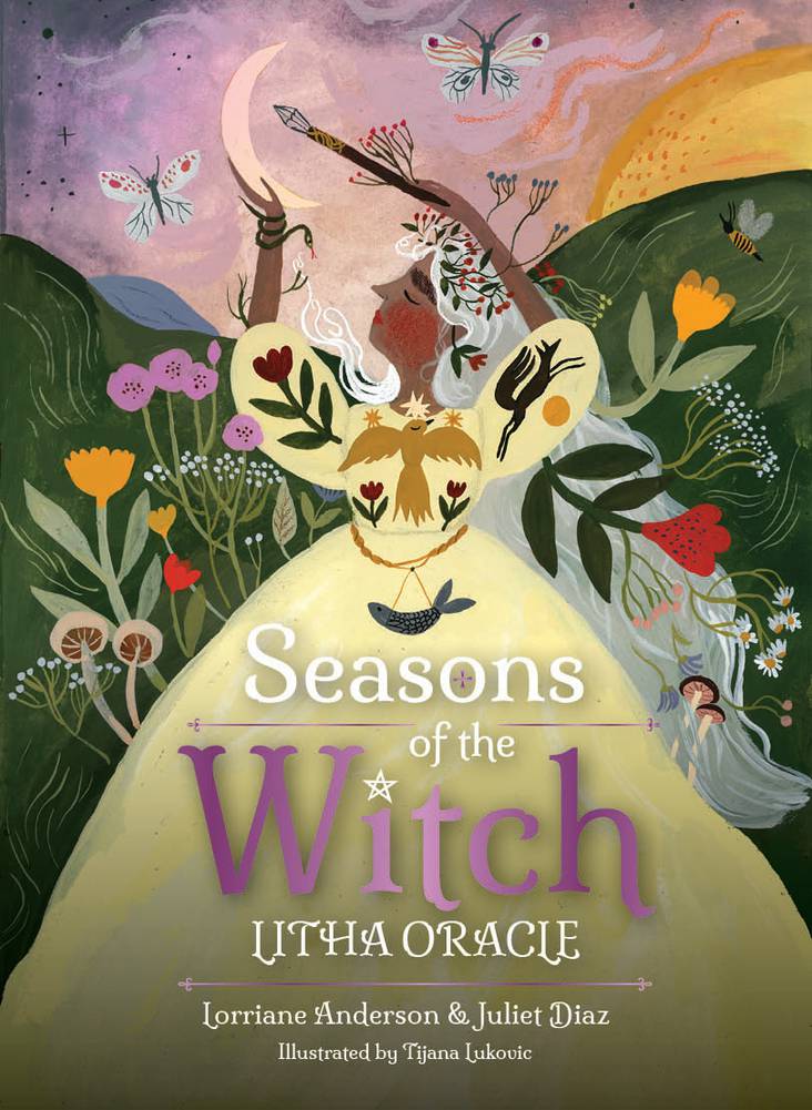  cover of 'Seasons of the Witch Llitha Oracle' with a stylized illustration of a witch and nature elements.